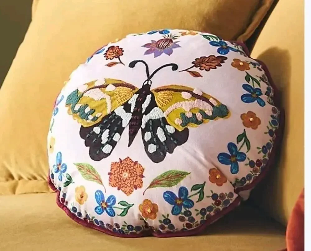 Anthropologie Nathalie Lete Embroidered Velvet Pillow Floral Moth purple 18” NEW